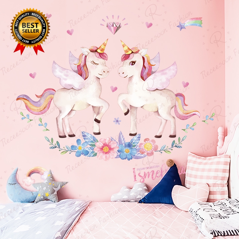 Cartoon Unicorns Wall Stickers Girls Room Decor Wall Art Pink Wallpaper