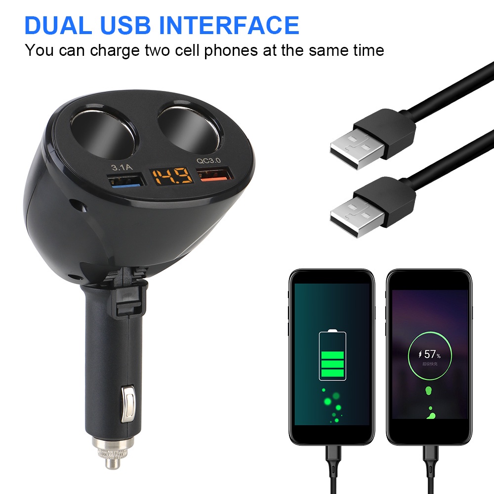 2 USB Car Charger Power Socket Adapter With Voltage LED Display