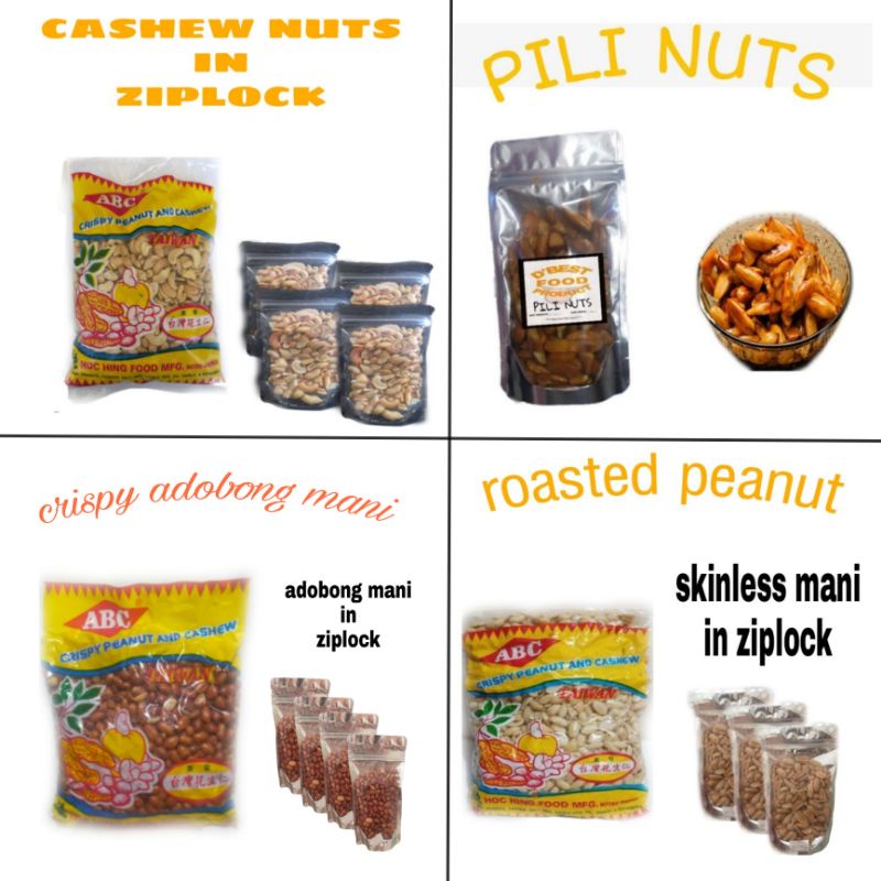 roasted almond cashew nuts ( kasoy ) in ziplock. crispy skinless peanut