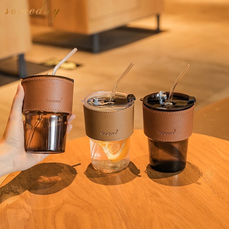 Glass Straw Cup Coffee Mug with Lid Tumbler Hot Cold Milk Tea Cup Water