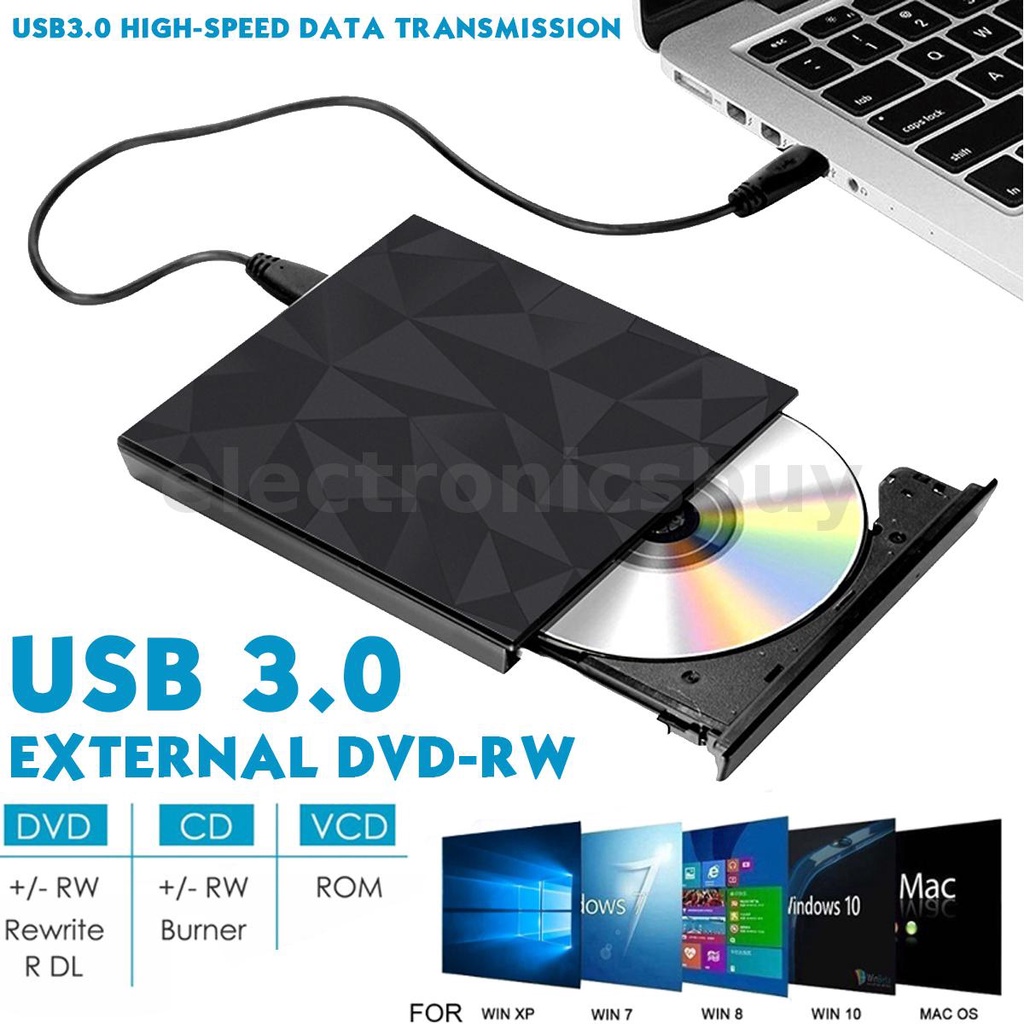USB 3.0 Slim External DVD Reader CDs DVD RWs ROM Drive Writer Burner
