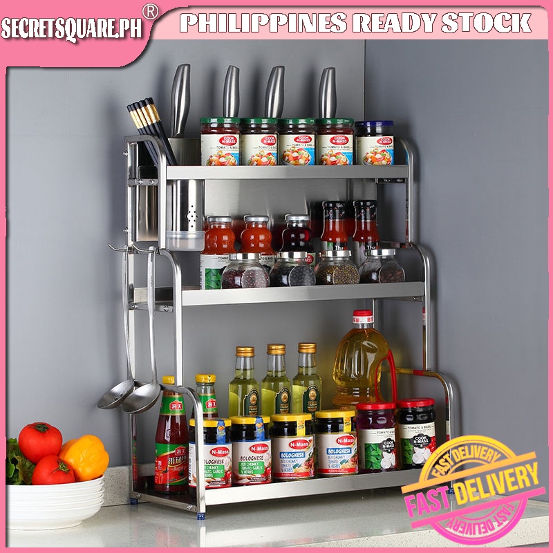 COD 3 Tier Kitchen Shelf Condiment Rack Stainless Steel Floor Wall
