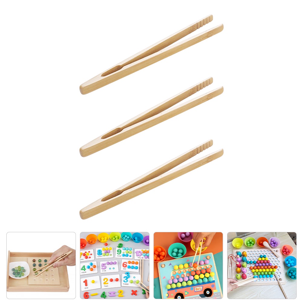 3Pcs Wooden Tweezers Tongs Sorting Counting Preschool Science Fine