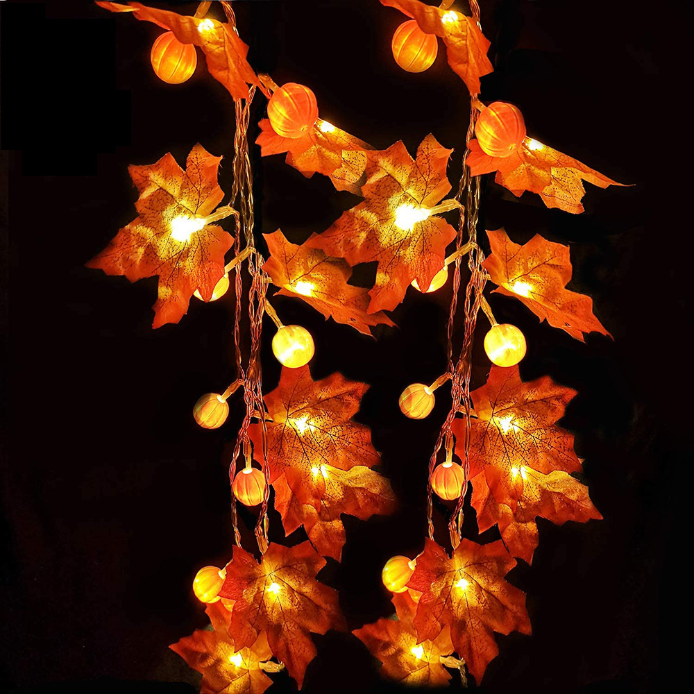 1.5/3m Fall Red Maple Leaf Pumpkin String Lights Garland/Halloween Christmas LED Warm Yellow