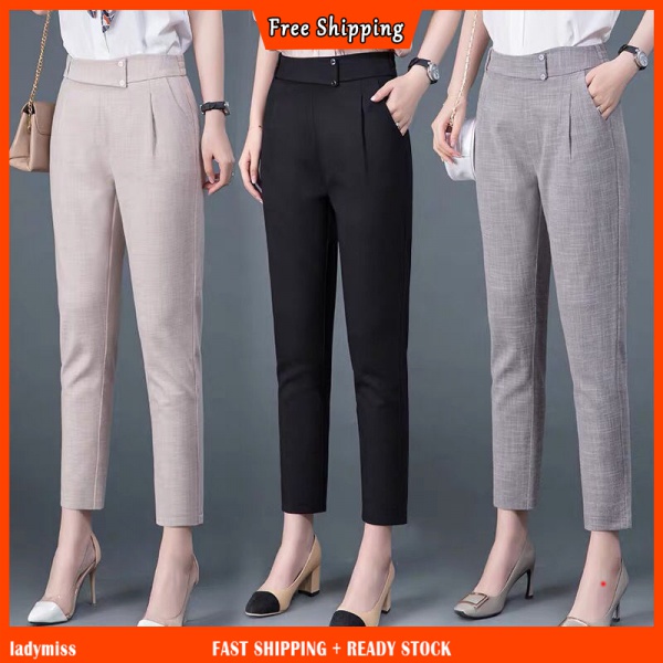 Plus Size S3XL Long Suit Pants for Women High Waist Formal Office Cotton Linen Korean Style