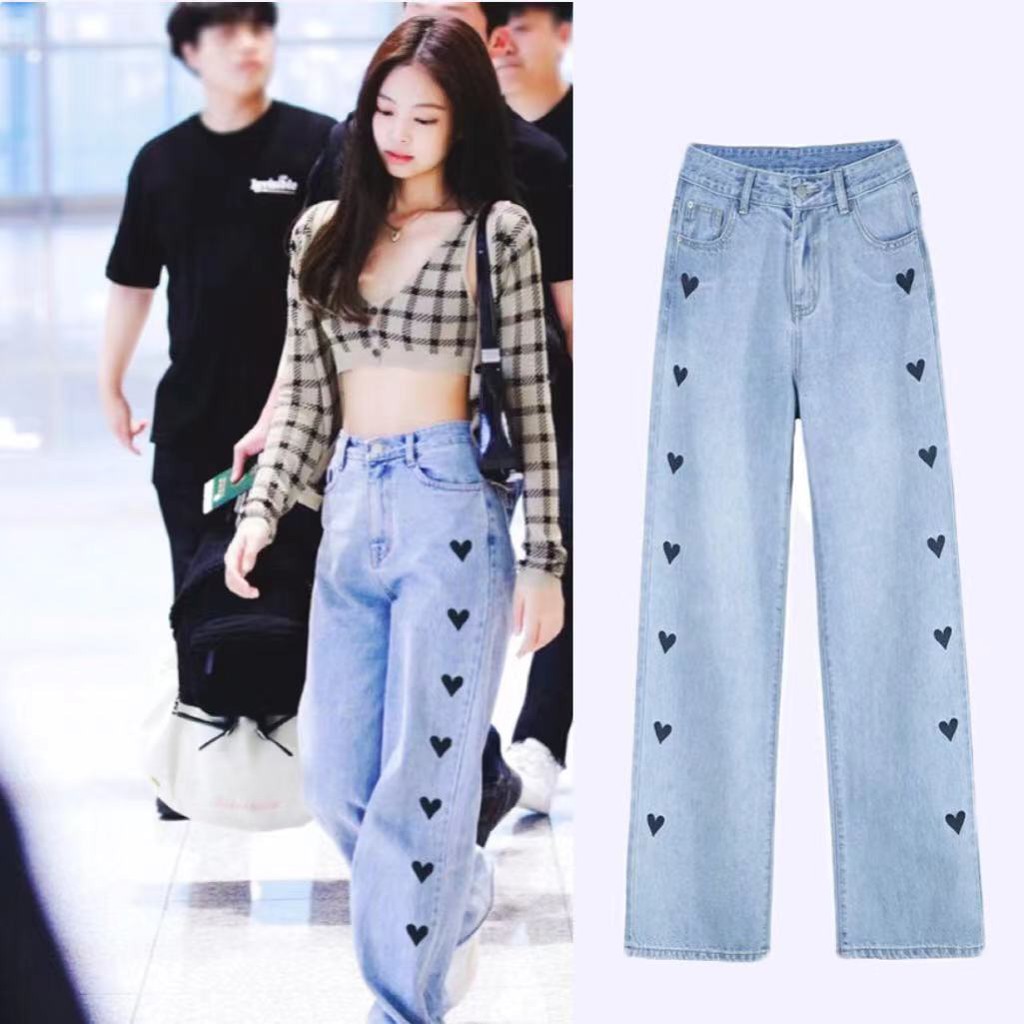 Blackpink jennie heart love print High Waist Wide Leg Jeans Korean BF