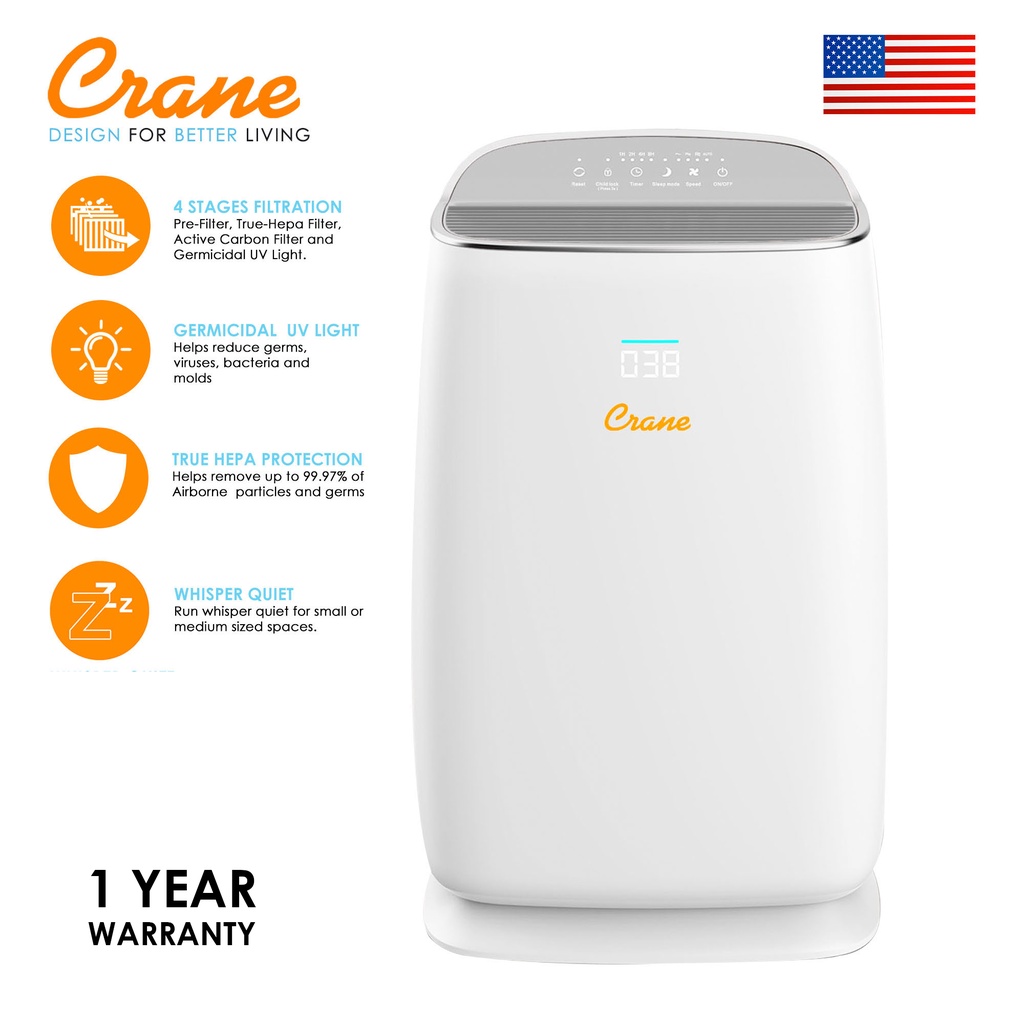 Crane True Hepa Smart Air Purifier For Sneezing Congestion Allergy Odor