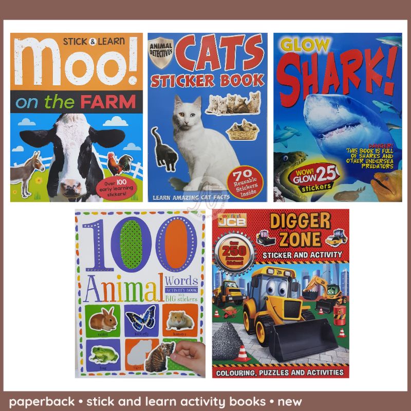 Animals Sticker Activity Book Moo on the Farm My First JCB Digger Zone Cats Glow Shark