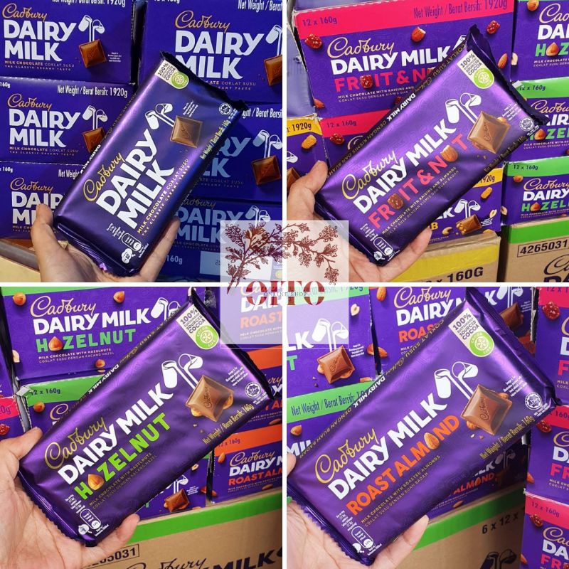 Sale! Cadbury Dairy Milk 160g!! Milk Chocolate, Hazel Nut, Roast Almond and Fruit & Nut Shopee