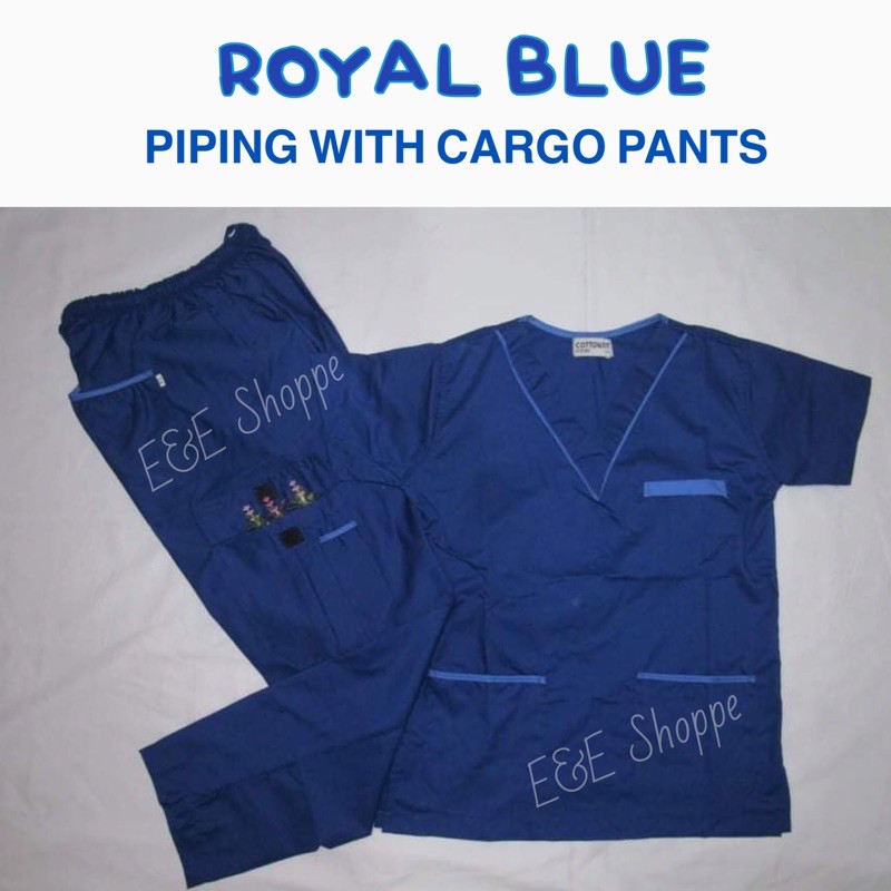 SCRUB SUIT SetUNISEX (ROYAL BLUE Piping with CARGO PANTS) Shopee