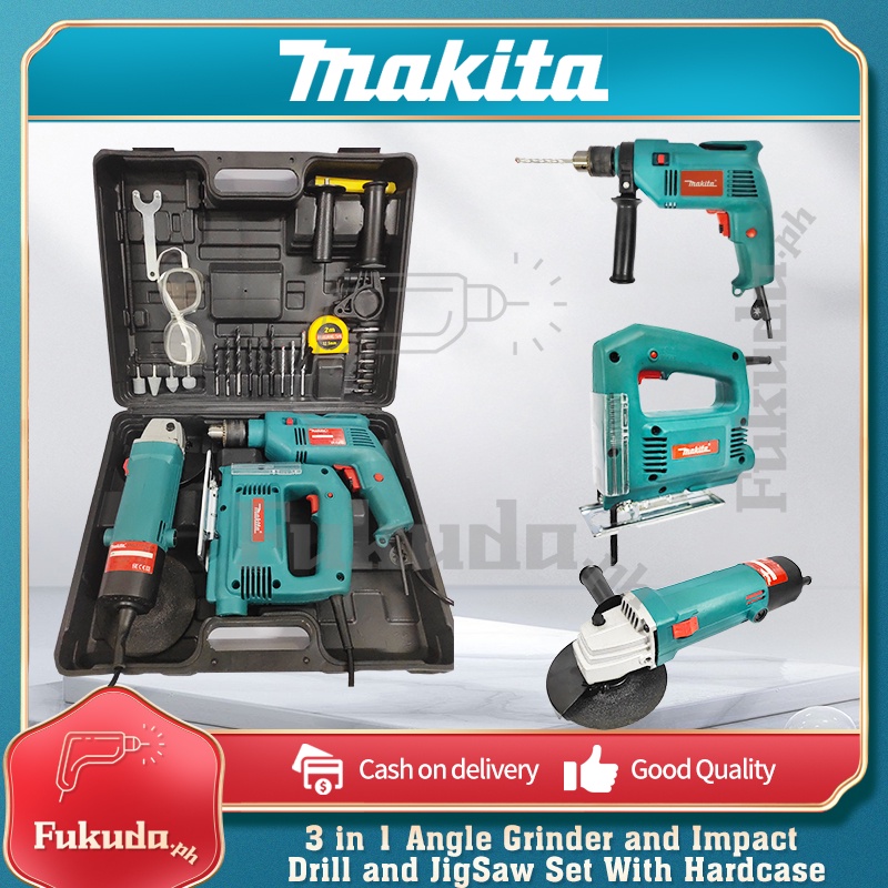 Makita 3 in 1 Angle Grinder and Impact Drill and JigSaw Set With