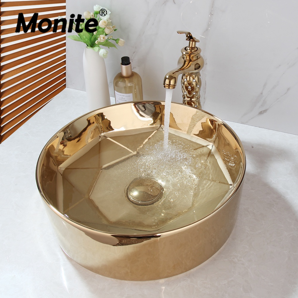 Monite Golden Plated Ceramic Round Bathroom Combine Faucet Set Lavatory