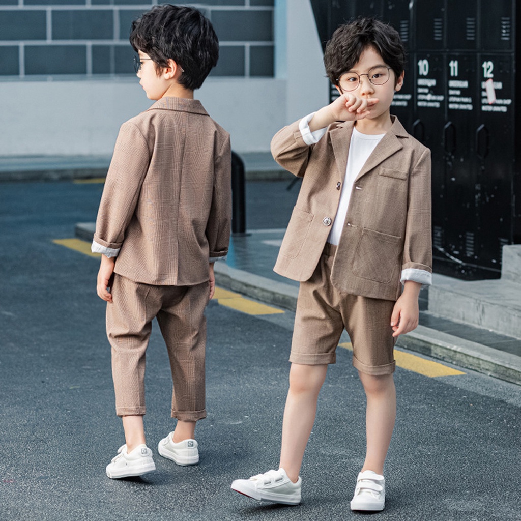 Children Clothing Boys Khaki Suits Plaid Blazer Pants Kids Wedding Suit Birthday Party Wear