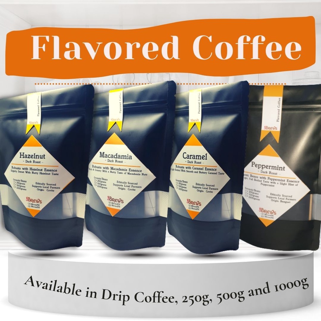 3Brews Coffee Flavored Coffee GROUNDS Coffee BEANS, 250g, 500g, 1000g