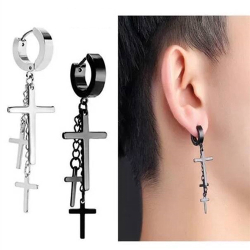 1pc Men's Black Dangle Earring Cross Drop Hoop Ear Lobe Piercing