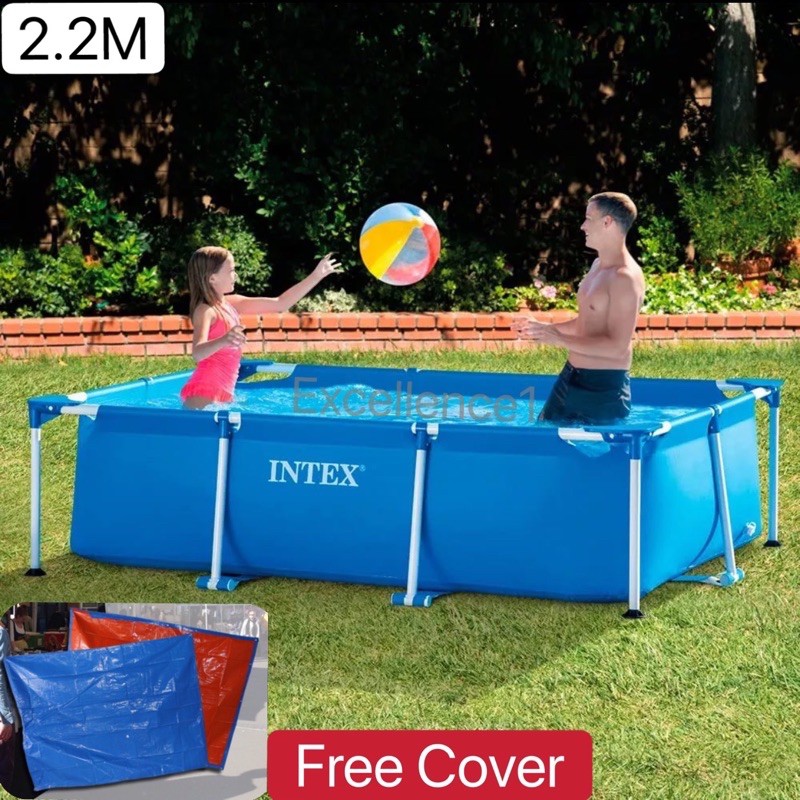 (Free Cover) Intex Swimming Pool 2.2Mx1.5Mx0.6M Rectangular Frame Above