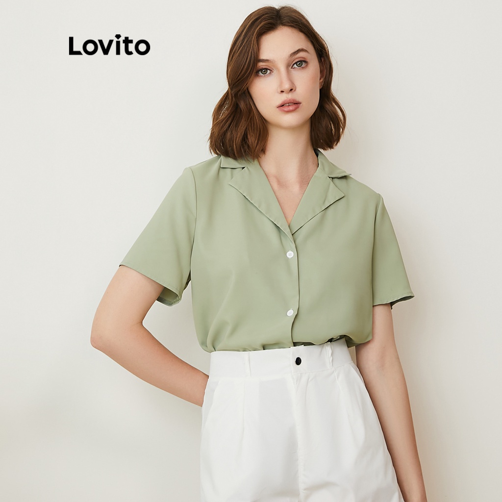 Lovito Casual Plain Notched Collar Short Sleeves Blouses For Women