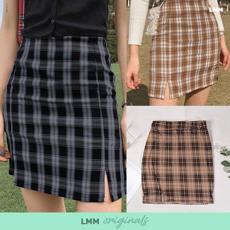 checkered skirt plaid skirt classic slit bandage women skirts trendy