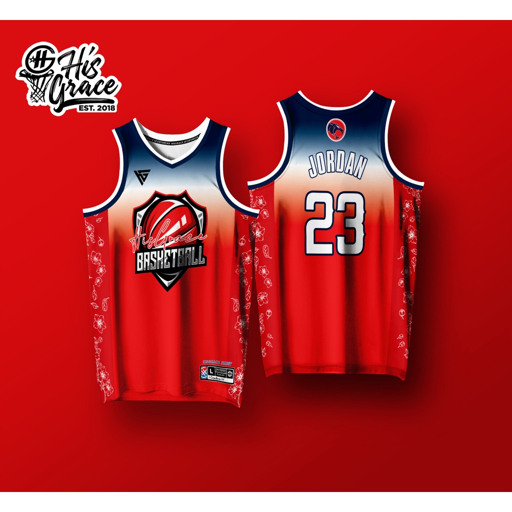 HISGRACE BASKETBALL JERSEY RED BLOOM FREE CUSTOMIZE OF NAME AND NUMBER
