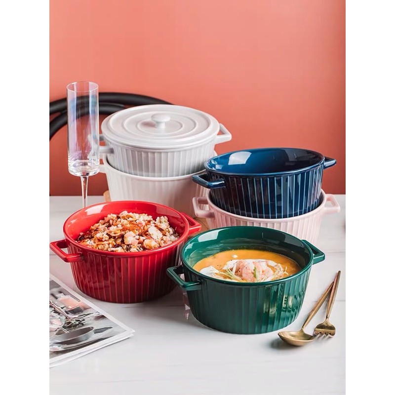 VIĆI Colorful Nordic Ceramic Double Ear Handle Microwaveable Pot Bowl