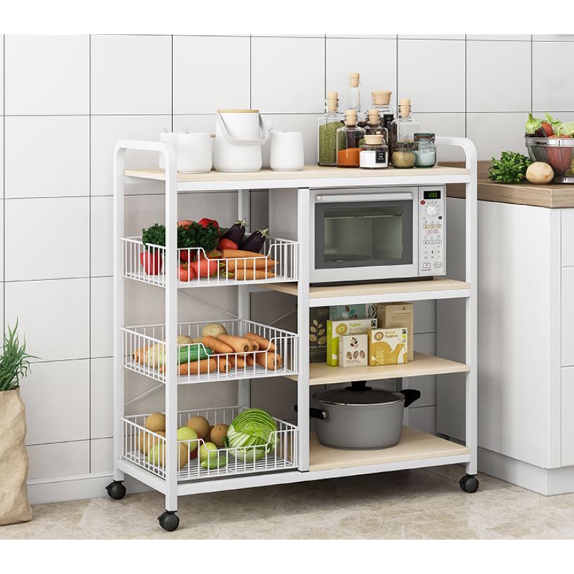 143 Kitchen Island Rack with Wheels (Light Oak/White) 90X30X103CM