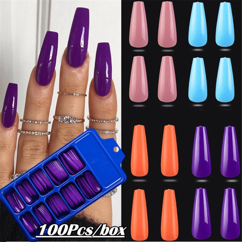 With glue 100pcs Nail Design Coffin Ballerina Nail Tips Long Stiletto