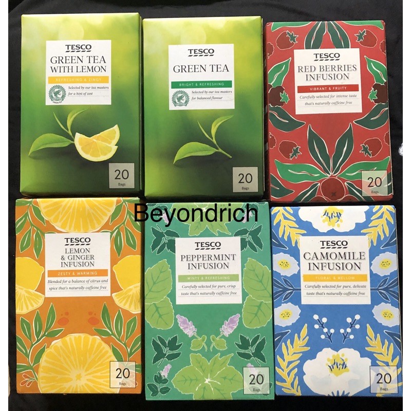 Tesco Assorted Teas Green Tea with Lemon Red Berries Lemon & Ginger