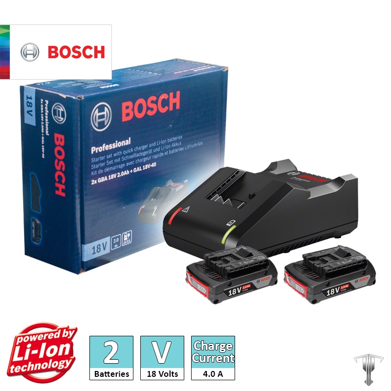 Bosch GAL 18V40 Charger + GBA 18V 2.0Ah Batteries Professional 18 V