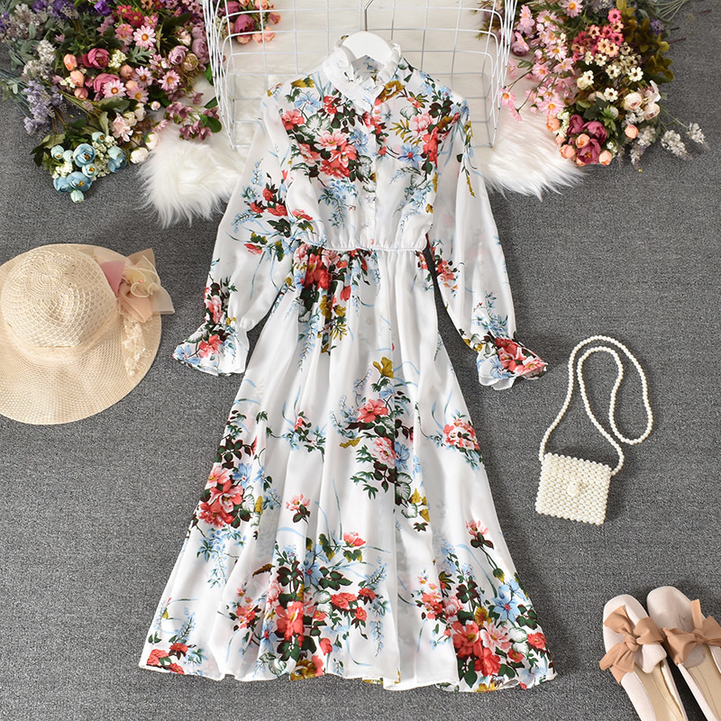 korean floral dress women fashion long sleeve spring autumn slim