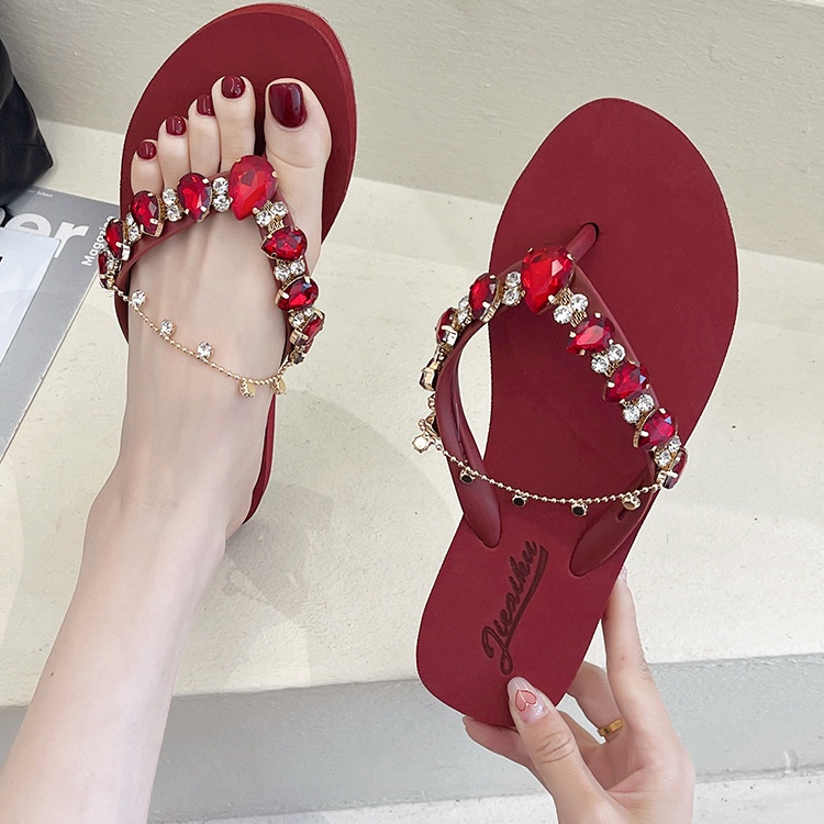 2022 summer Rhinestones with chain flip flops women wear ins slippers