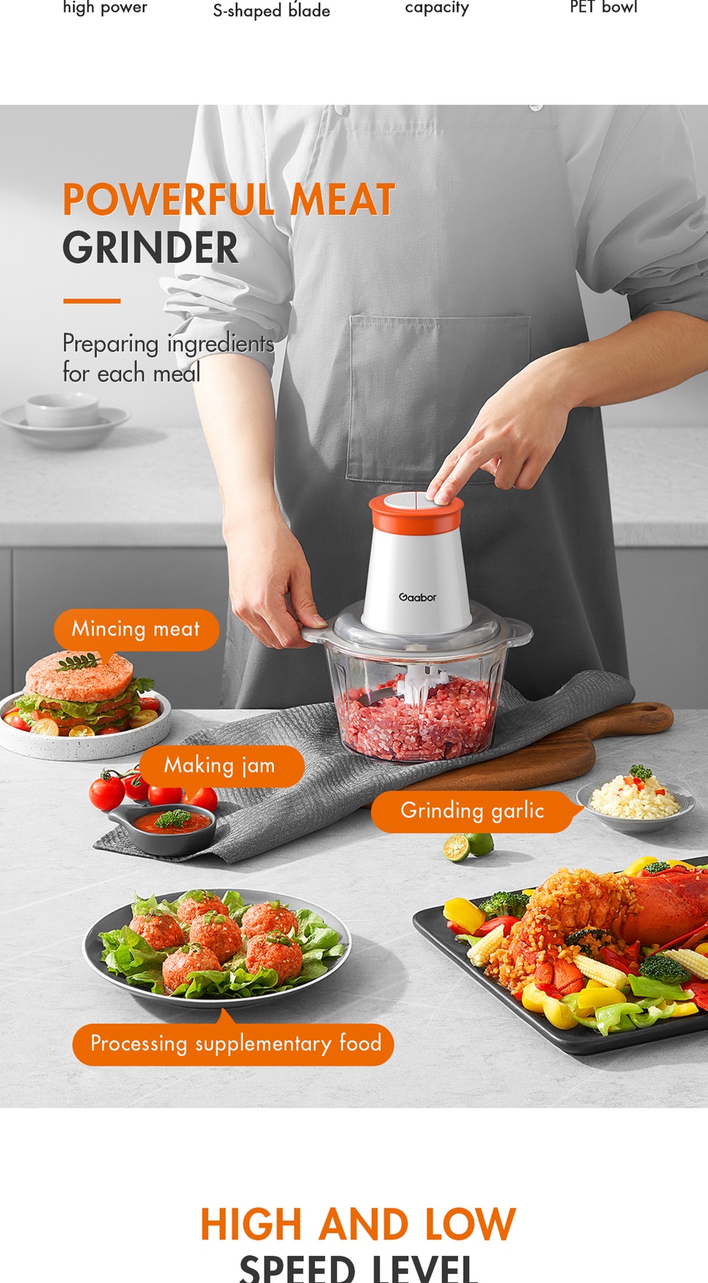 Gaabor Electrical Meat Grinder, 2L Capacity Multifunctional Food Mixer