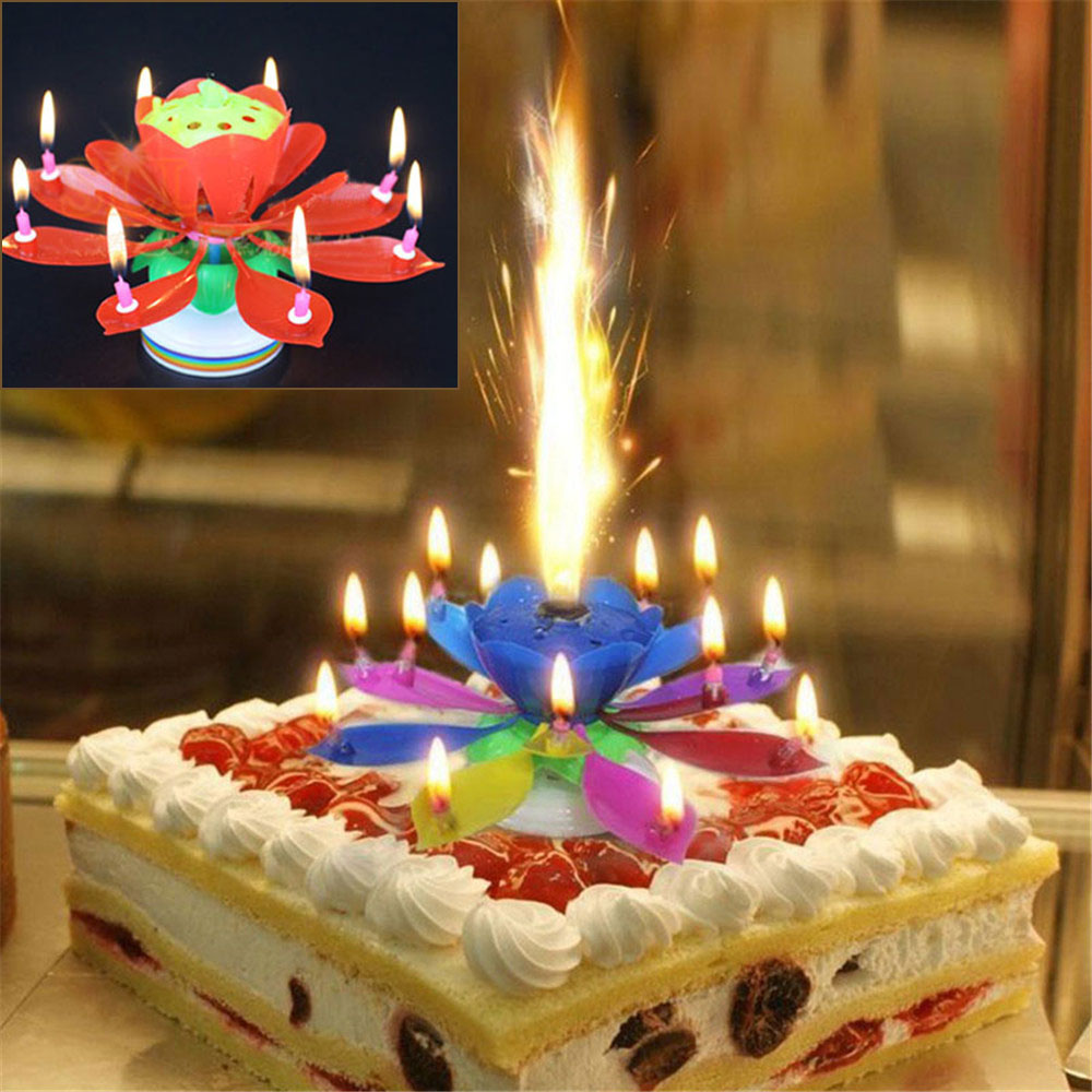 Birthday Candles Double Lotus Flower Electronic Rotating Music Candle