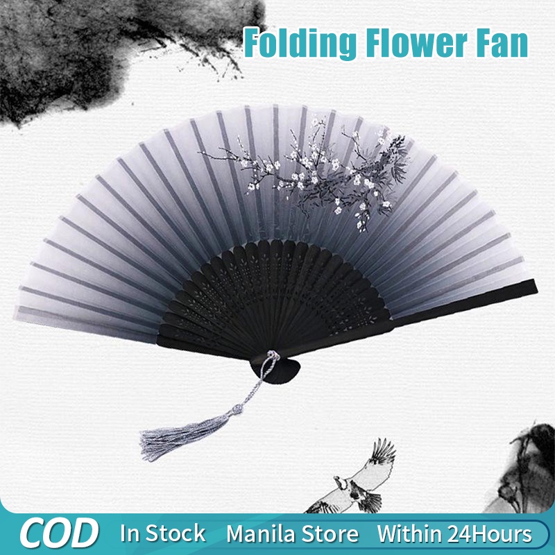 Floral Folding Hand Fan Vintage Style Silk Folding Fan Bamboo Folding