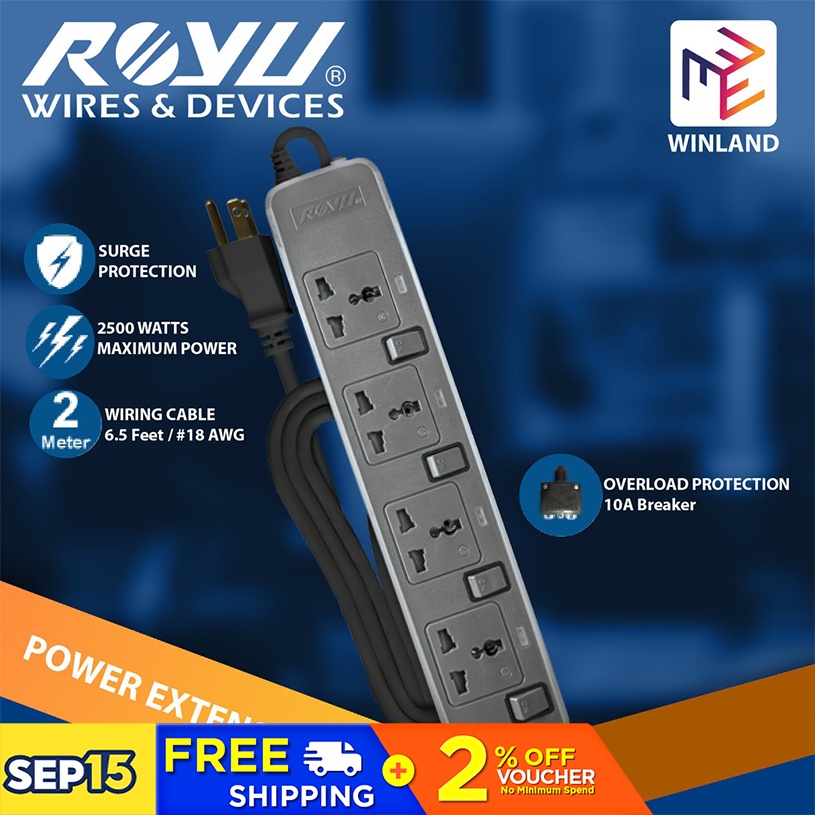 Royu Extension Cord Overload & Surge Protected 4 Outlets w/ Individual