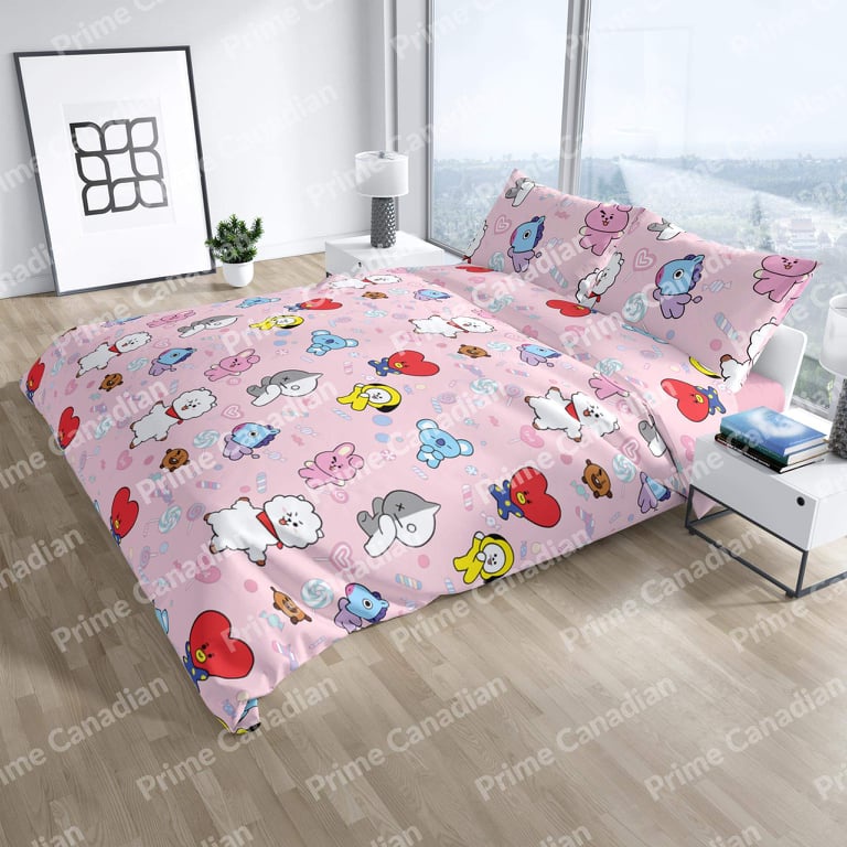3 IN 1 PINK NEW BT21 BEDSHEET ( 1 BED SHEET WITH 1 PILLOW CASE