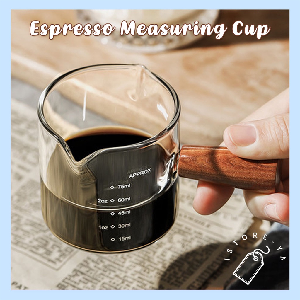 ISTOREYA Espresso Measuring Cup with Clear Calibration Wooden Handle