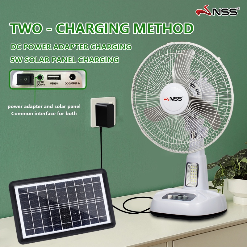 NSS 12" Solar electric fan rechargeable with 2 bulbs direct 220v solar panel charging fan