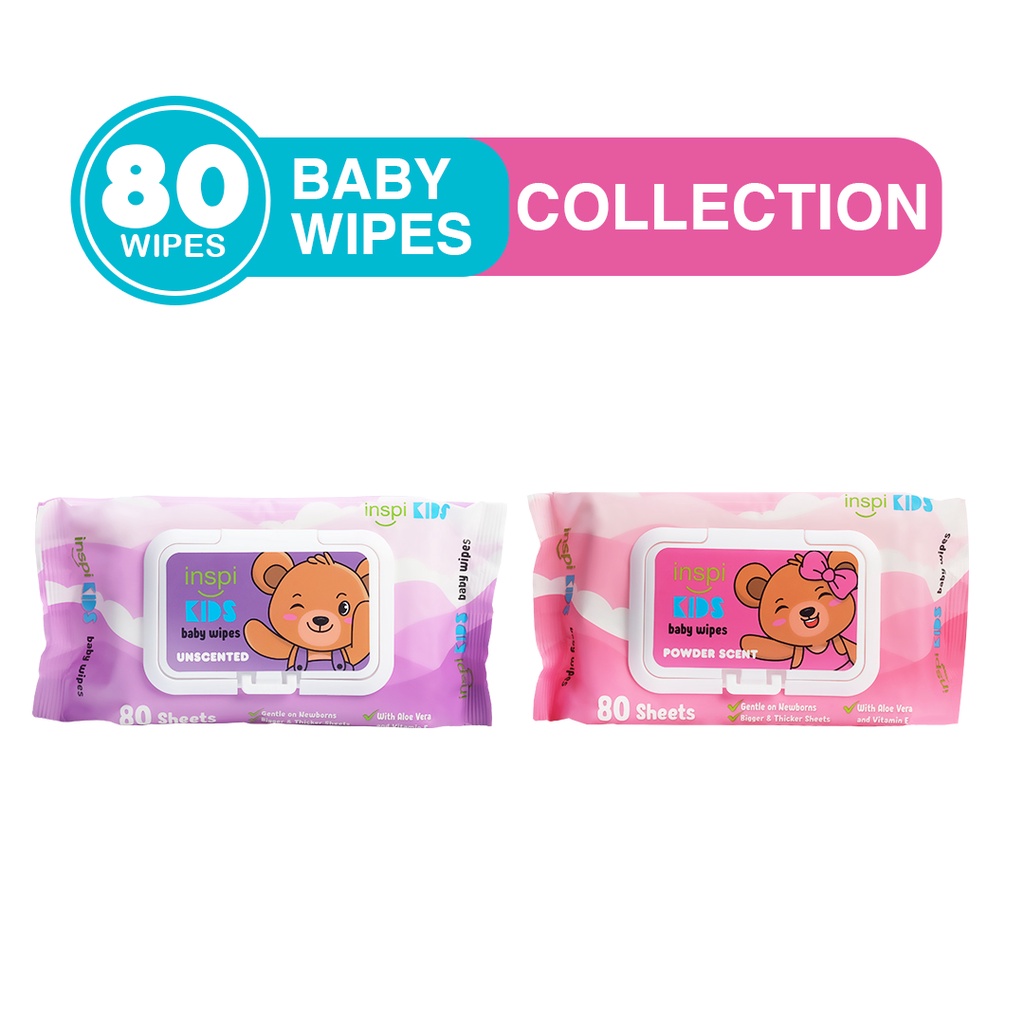INSPI Kids Baby wipes Unscented or Powder Scent 80 Tender sheets per