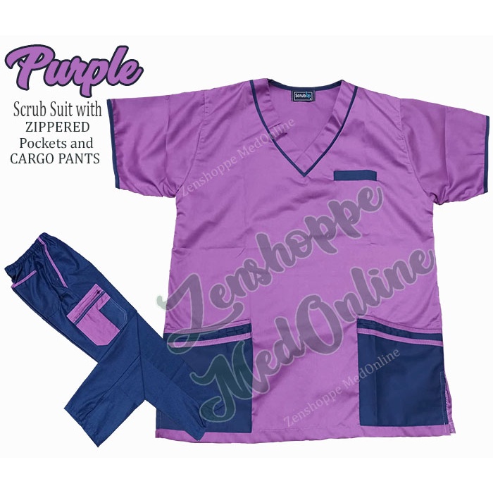 Scrub Suit Set with Zippered Pockets & Cargo Pants (Purple) [SCRUB UP