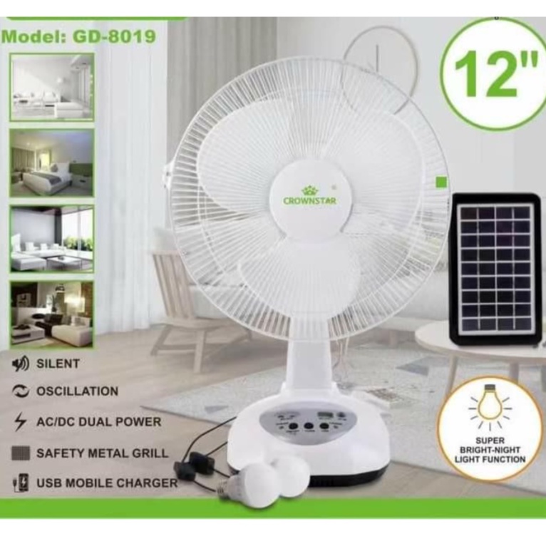 FAN SOLAR W/ PANEL 2PCS BULB Electric Fan with Solar Panel Desk Fan