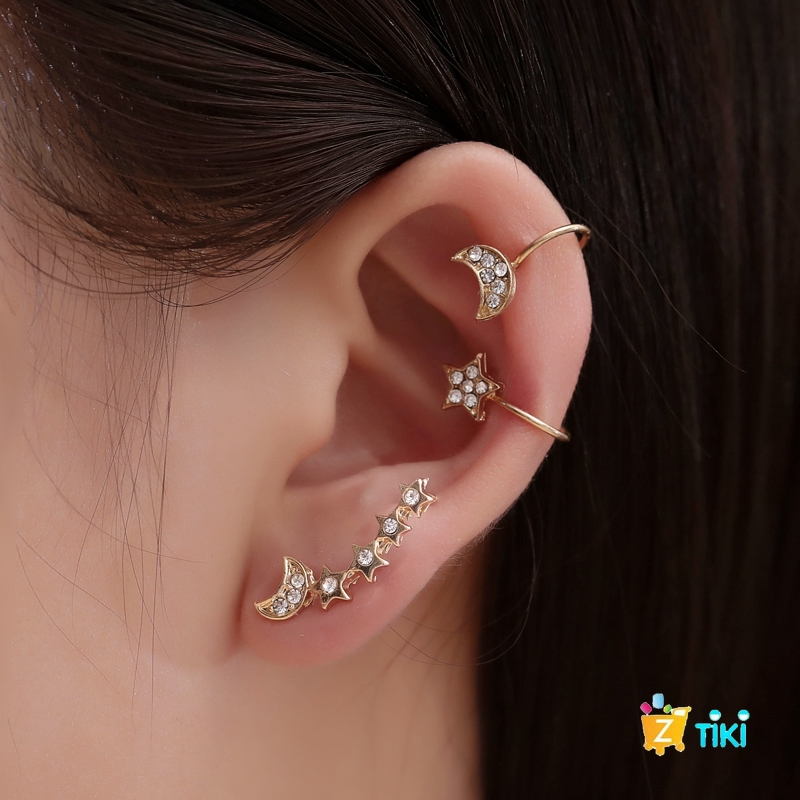 3Piece Set Star Moon Ear Bone Clip FivePointed Unique Temperament