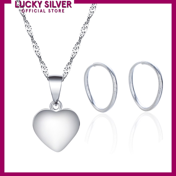 Lucky Silver Genuine 925 Italy Silver Heart Necklace and Loop Earrings