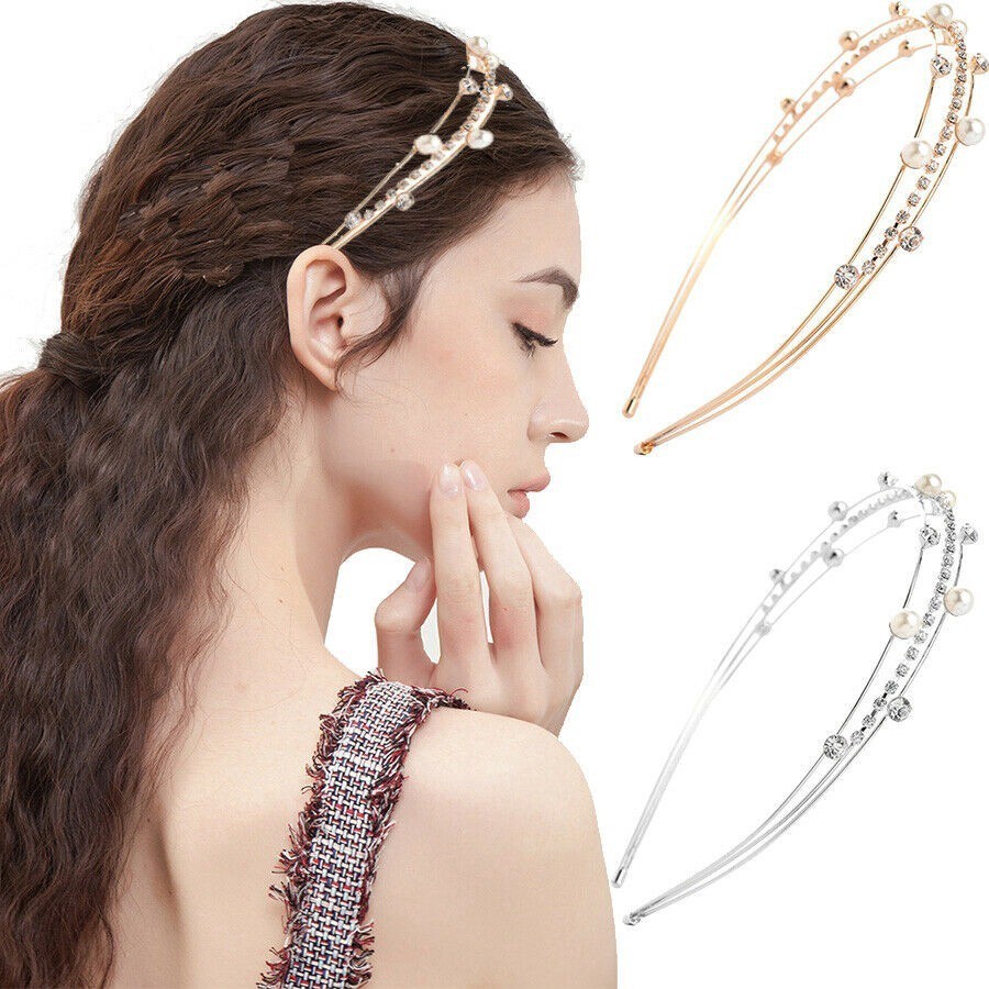 Korean Women Girl's Crystal Pearl Headband Doublelayer Rhinestone Hair