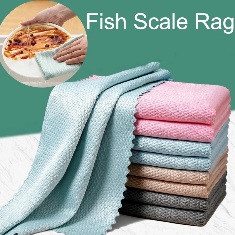 5Pcs Microfiber Fish Scale Grid Dishcloth/ Kitchen Glass Cleaning Towel