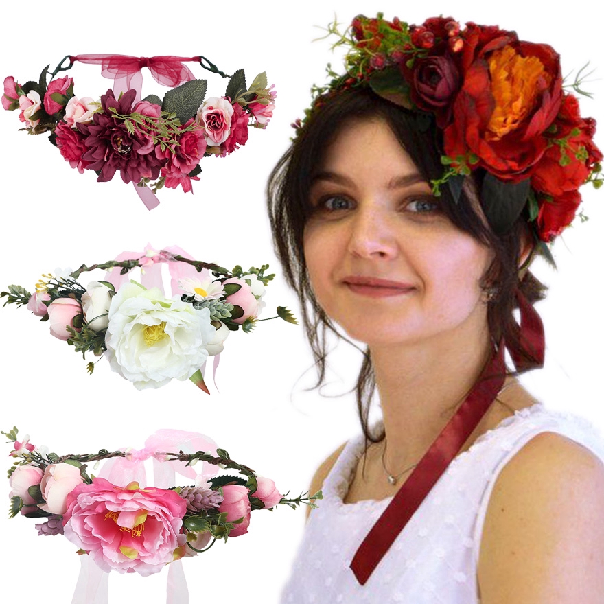 Wild Sweet Flower Crowns Simulation Rose Peony Adjustable Ribbon Floral