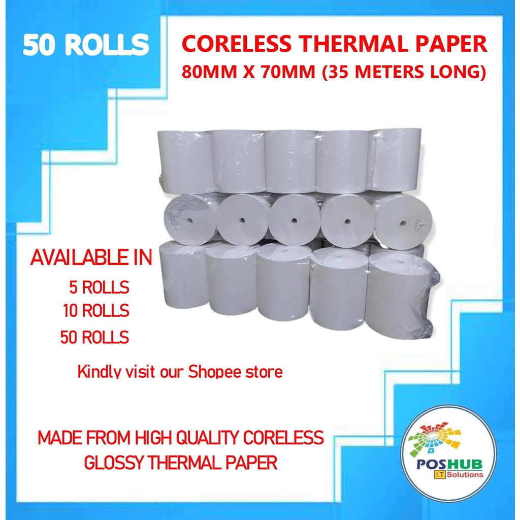 50 ROLLS CORELESS GLOSSY THERMAL PAPER 80mm x 70mm (35 METERS LONG