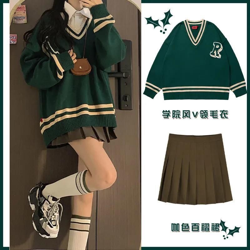 girl JK uniform sweater women student college style retro vintage
