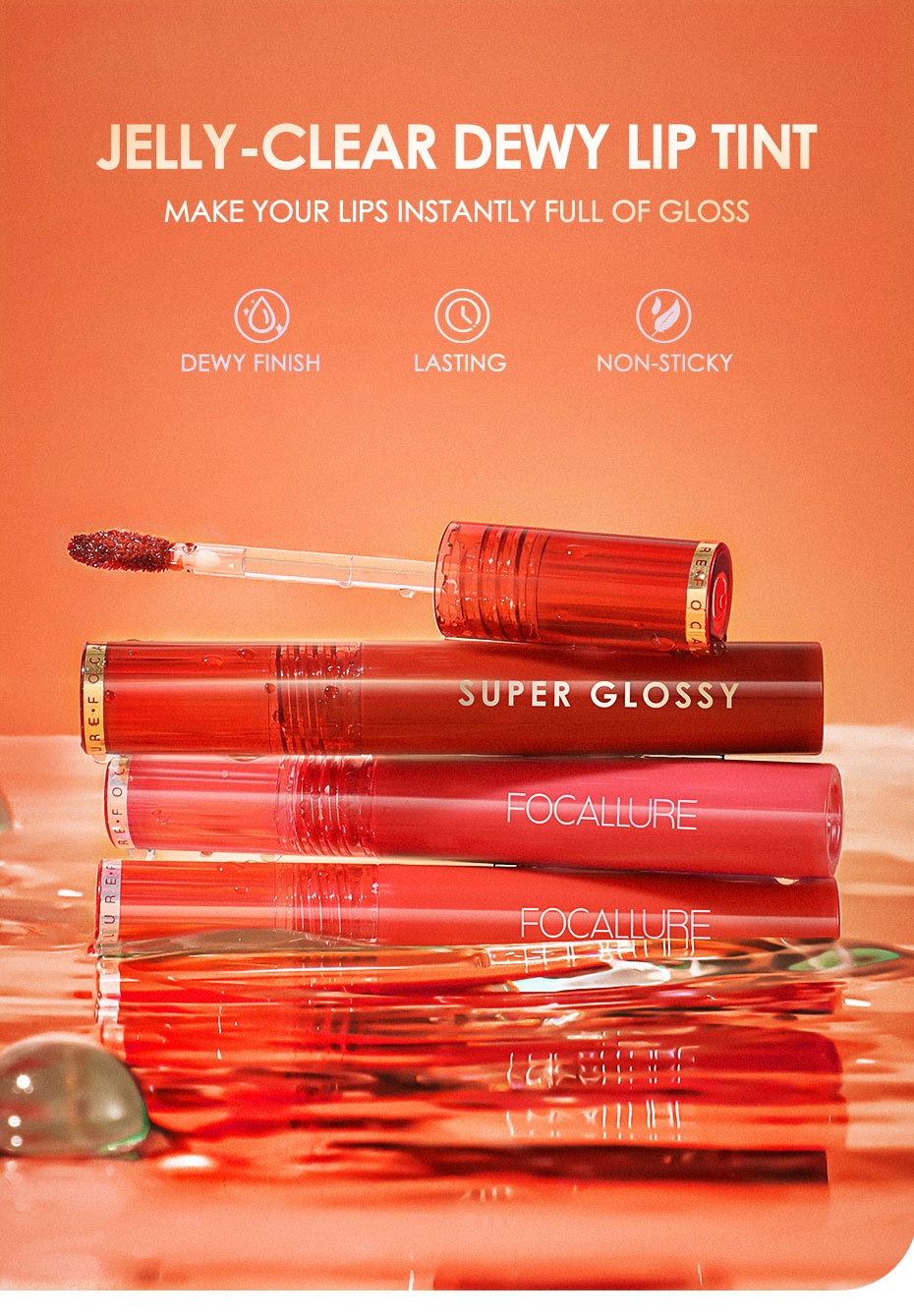 Focallure JellyClear Dewy Lip Gloss LongLasting Glossy Lipstick Non