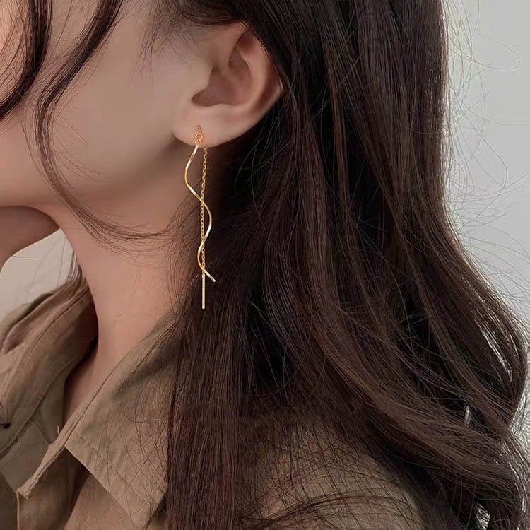 MissFairy 18K Gold Stainless Steel Wave Threader Tictac Earrings For