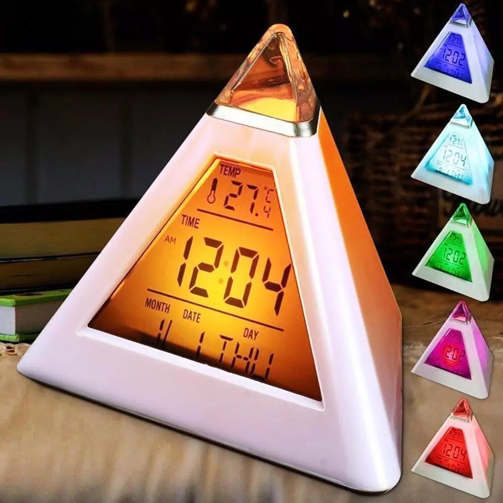 【Topmind】7 Colors Colorful Pyramid Alarm Clock Night Light Thermometer